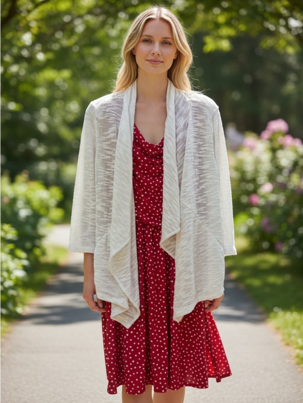 White House Black Market Cream Draped Open-Front Cardigan and focus studio dress